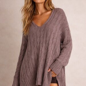 Free People V-Neck Cable Knit Sweater in Brown